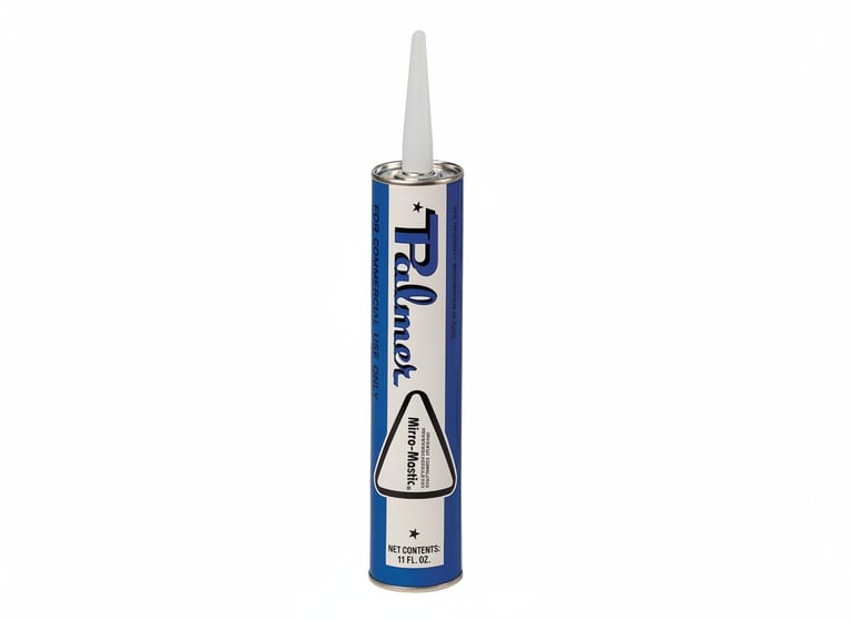 Blue RAD Brand caulking cartridge with gray conical tip dispensing nozzle