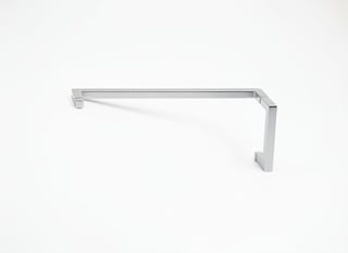 Silver metal pull handle with angular arms and corner brackets on white background