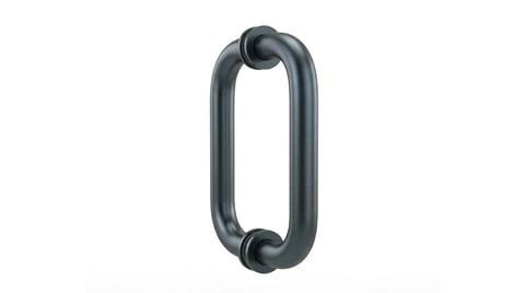 Black metal door handle with oval loop design and grip points