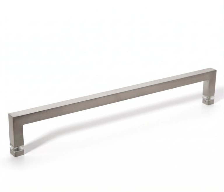 Stainless steel rectangular pull handle with mounting posts on white background