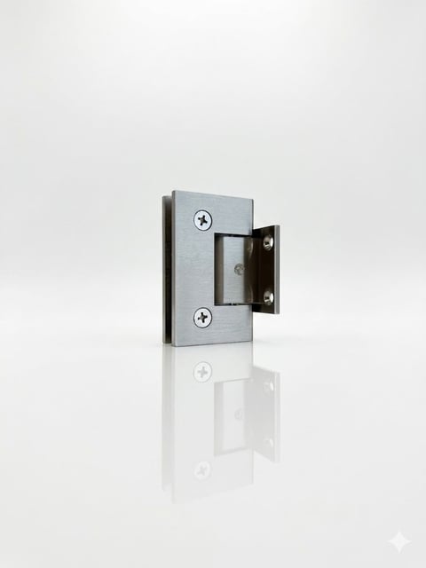 Brushed metal glass door hinge with dark bronze bracket and two screws mounted on white background