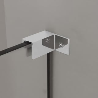 White wall mount bracket with black metal rod inserted through it, shown mounted on gray wall