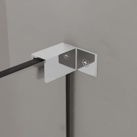 White wall mount bracket with black metal rod inserted through it, shown mounted on gray wall
