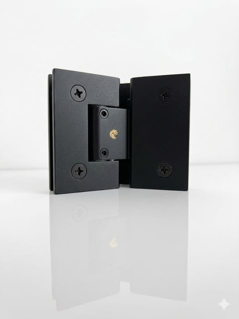 Black metal glass door hinge with brass details, displayed open to show internal hardware and mounting plates
