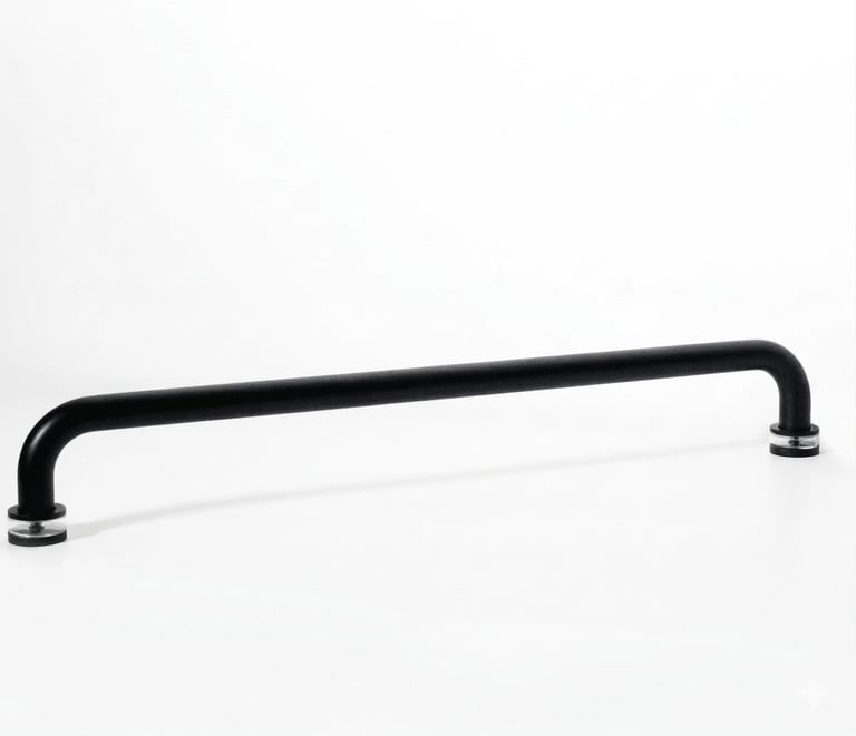 Black curved grab bar with metallic end fittings on white background