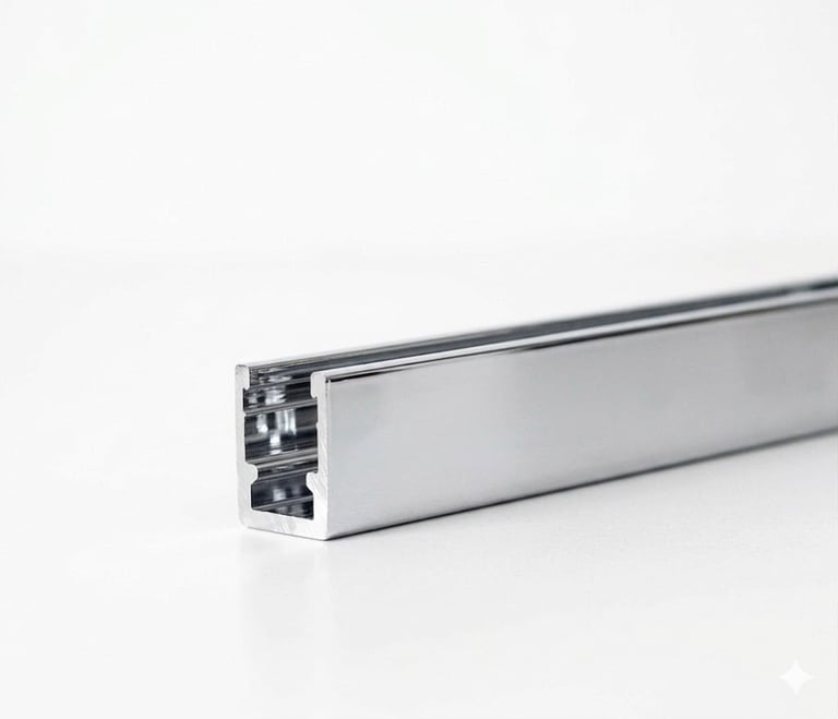 Silver aluminum extrusion profile with internal channels on white background