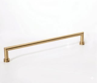 Gold metal cabinet pull handle with rectangular frame design on white background