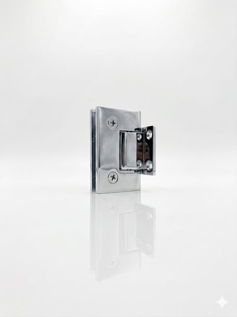 Chrome spring-loaded glass door hinge with mounting plate and screws on white background
