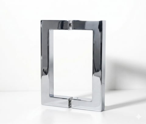 Metal rectangular frame or border with polished chrome finish and open center on white background