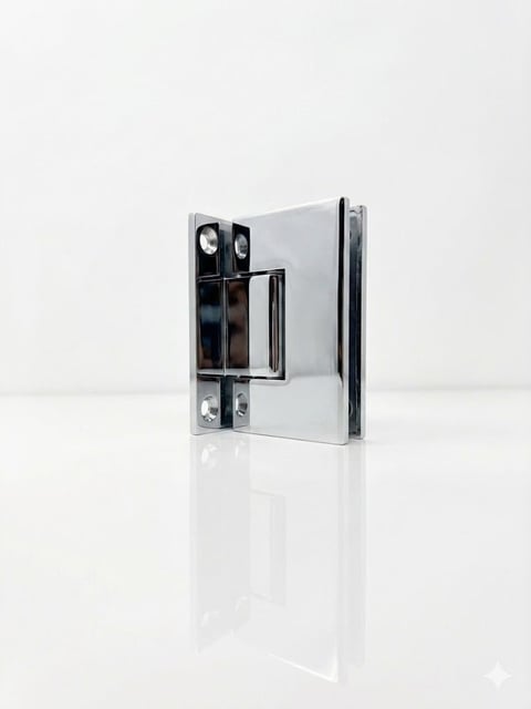 Glass shower door hinge with metal hardware mounting bracket on white background