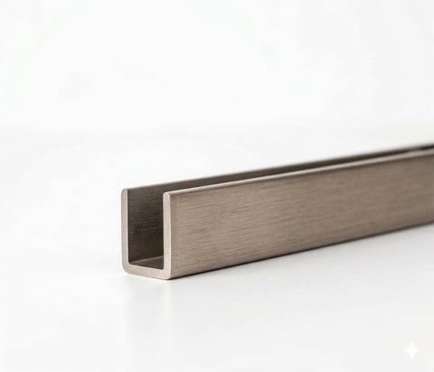 Brushed metal U-channel aluminum extrusion on white background