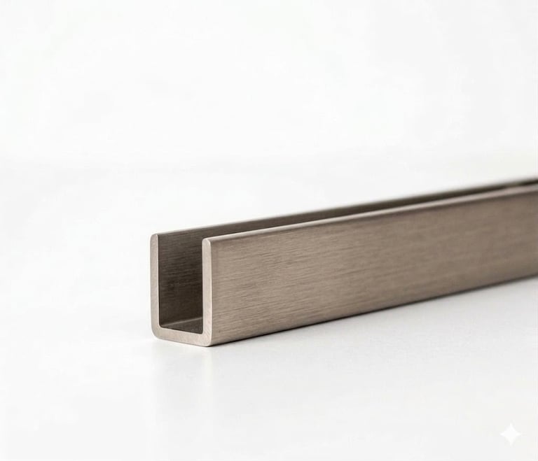 Brushed metal U-channel aluminum extrusion on white background