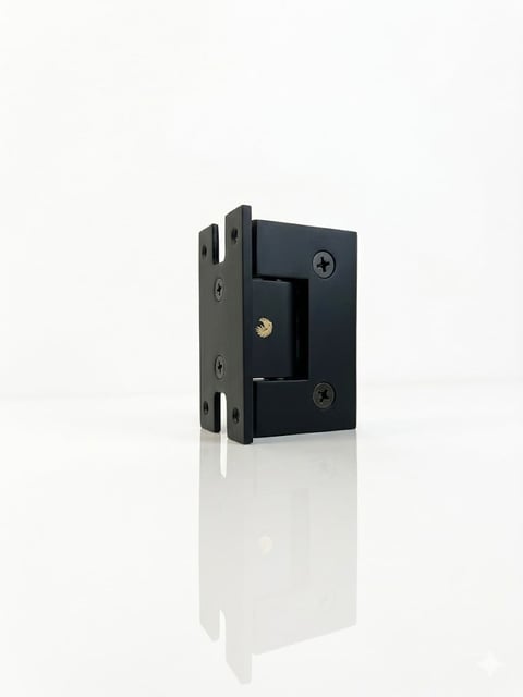 Black metal pocket door lock mechanism with latch, screws, and mounting hardware on white background