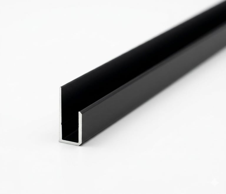 Long black metal U-channel or angle iron profile on white background