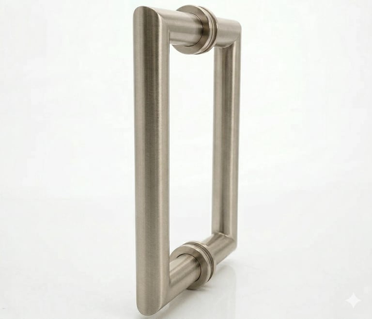 Brushed nickel rectangular door pull handle with cylindrical mounting posts on white background