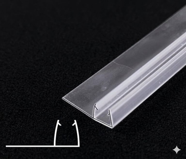 Clear plastic U-channel profile with cross-section diagram shown on black background