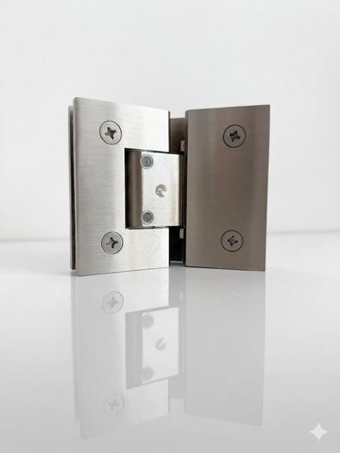 Stainless steel glass door hinge showing open position with metal plates and pivot mechanism
