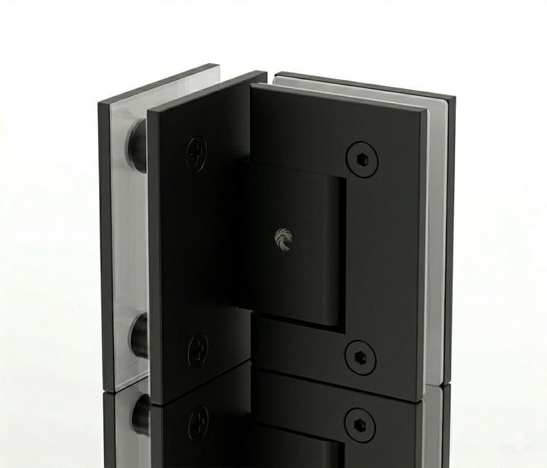 Glass door hinge with stainless steel frame and black interior mounting plate, shown in open position