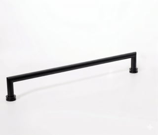 Black metal cabinet pull handle with cylindrical mounting posts on white background
