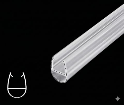3D illustration of a clear plastic U-shaped channel or tube with cross-section diagram showing its hollow profile