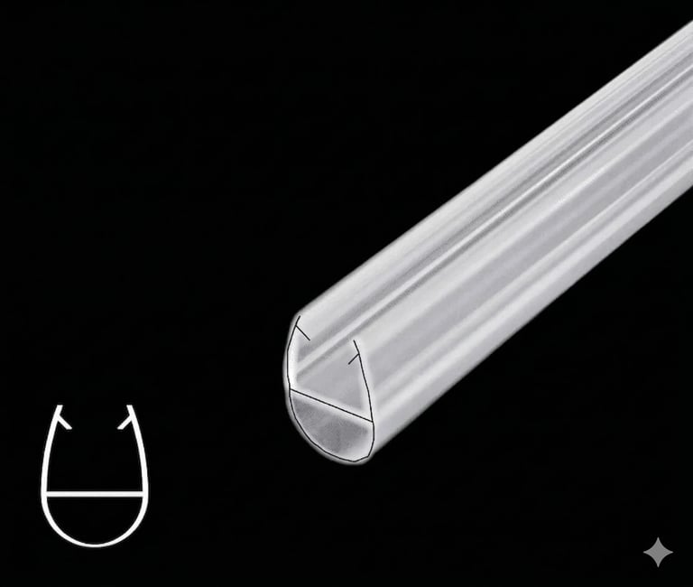 3D illustration of a clear plastic U-shaped channel or tube with cross-section diagram showing its hollow profile