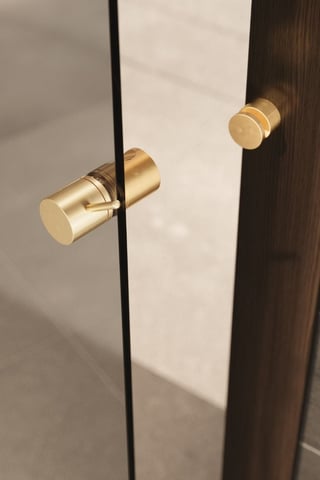 Brass door knobs mounted on a black-framed glass door with white panel background