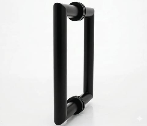 Black rectangular door handle with cylindrical grip and mounting hardware on white background