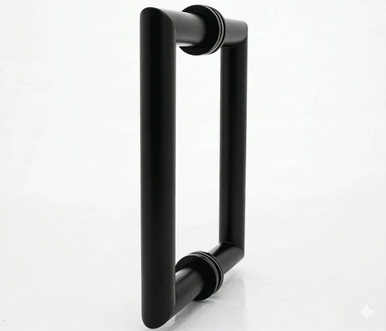 Black rectangular door handle with cylindrical grip and mounting hardware on white background