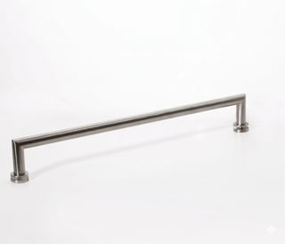 Stainless steel straight bar handle with cylindrical end caps on white background