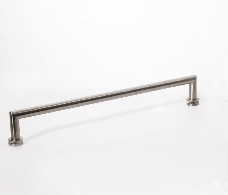 Stainless steel straight bar handle with cylindrical end caps on white background