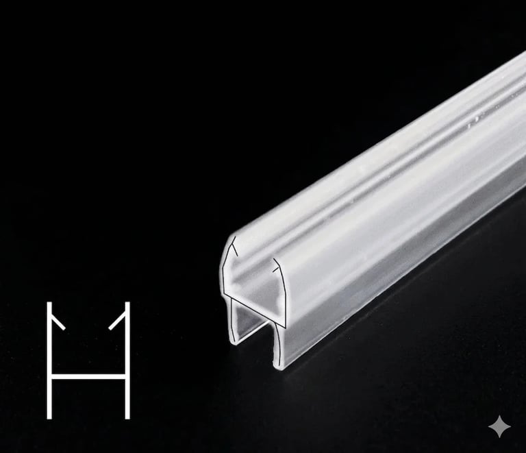 Transparent plastic H-profile edge trim or channel extrusion shown in isometric view with dimensional schematic diagram