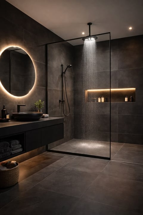 Modern luxury bathroom with dark tiles, illuminated round mirror, glass shower enclosure, and ambient lighting
