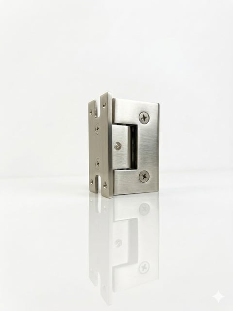 Stainless steel glass door hinge with mounting hardware on white background