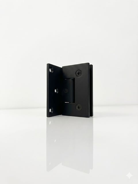 Black metal wall mount bracket with open hinged design and visible screws, photographed against white background