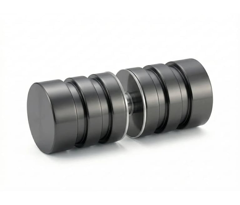 Exploded view of metallic cylindrical components with bearings and rings disassembled horizontally