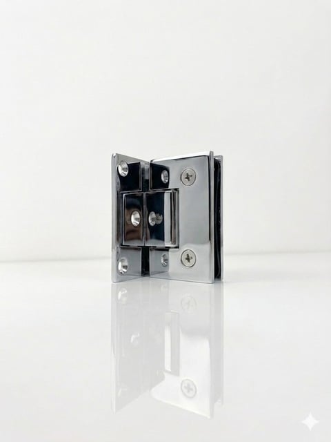 Chrome glass door hinge with metal brackets and screws on white surface
