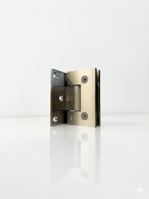 Brass glass door hinge assembly with adjustable tension mechanism and metal mounting hardware displayed against white background