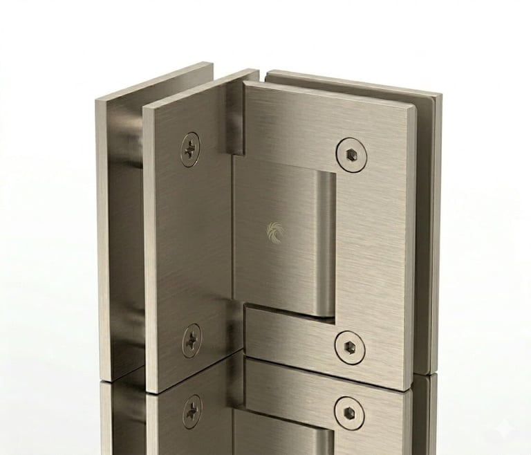 Brushed stainless steel glass shower door hinge with mounting hardware and adjustment screws