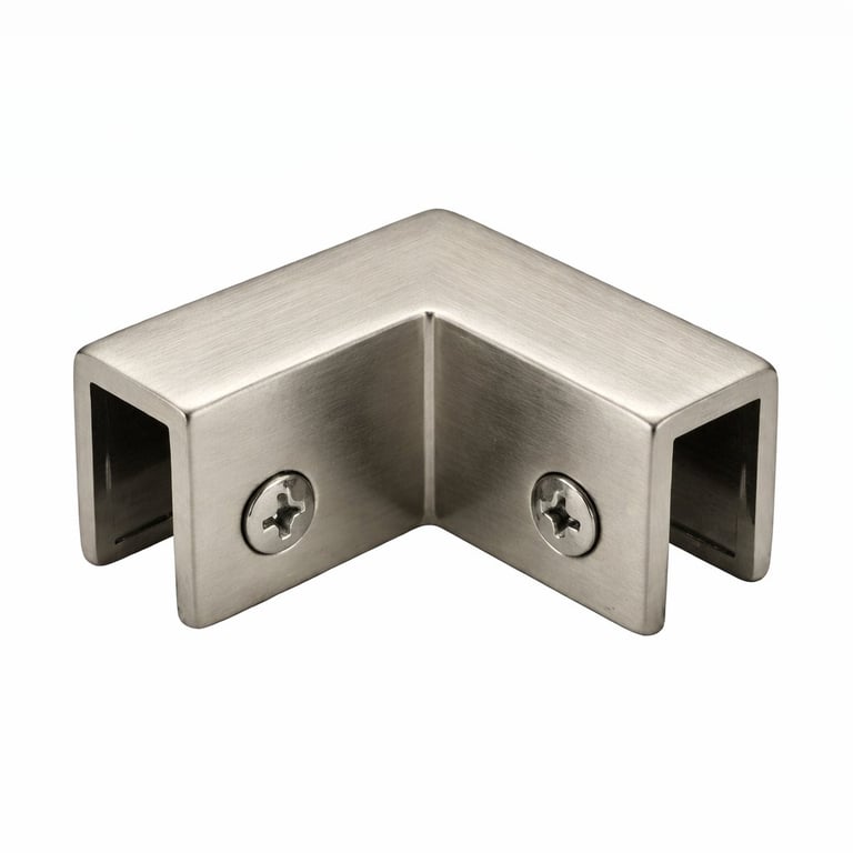 Stainless steel corner bracket connector with two mounting holes on white background