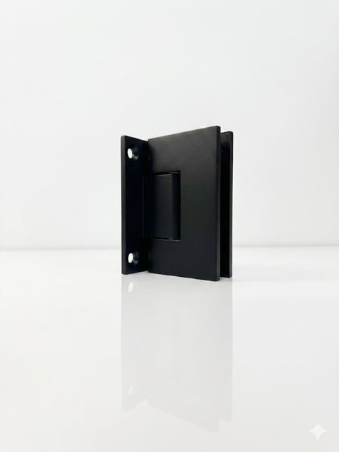 Black wall-mounted bracket or hinge with rectangular frame and mounting holes on white background