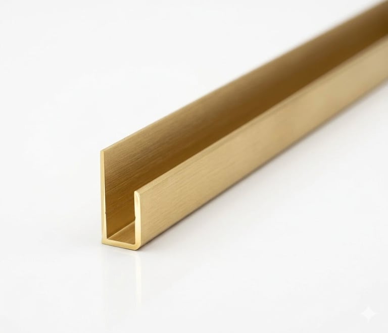 Brass U-channel molding profile on white background