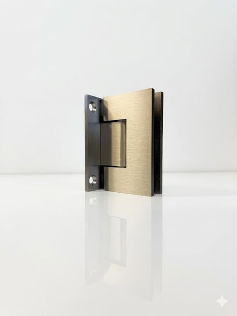 Brushed brass frameless glass door hinge with chrome hardware mounting plate on white surface