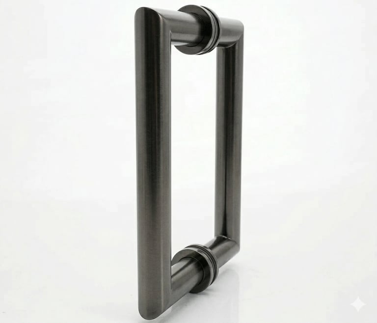 Brushed stainless steel rectangular door handle with curved grips on white background