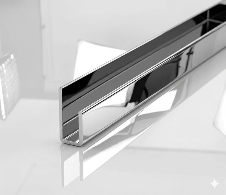 Polished chrome metal channel or trim piece displayed at an angle on a white surface with reflection