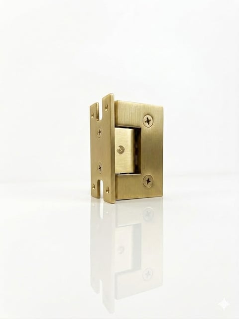 Brass door latch hardware with mounting plate and spring mechanism on white background