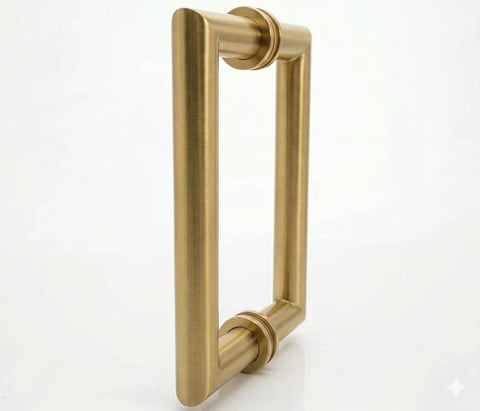 Gold brass rectangular door handle with cylindrical knobs on white background