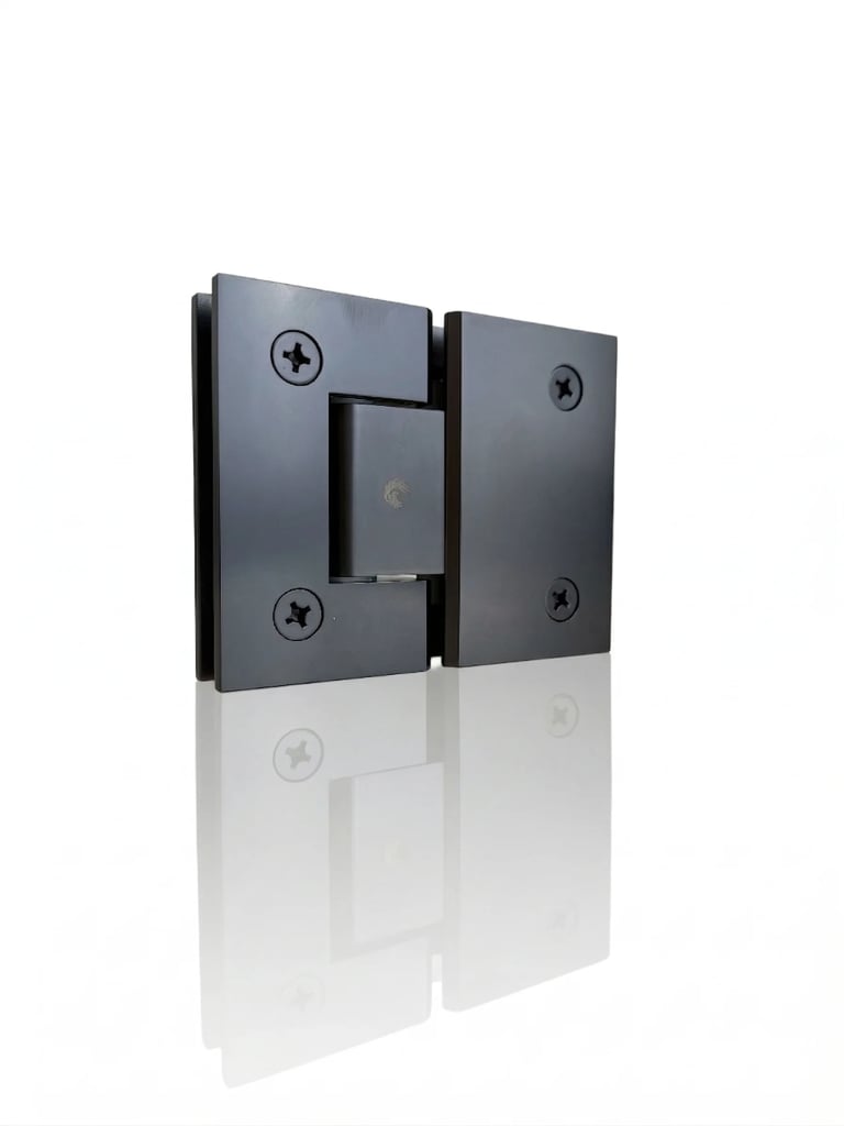 Black metal glass door hinge with adjustable pivot mechanism and mounting screws, shown open at 90 degrees