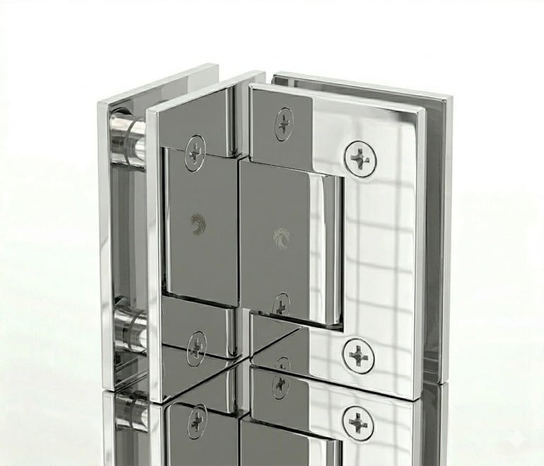 Close-up of frameless glass door pivot hinges showing metal hardware and mounting details with screws and brackets