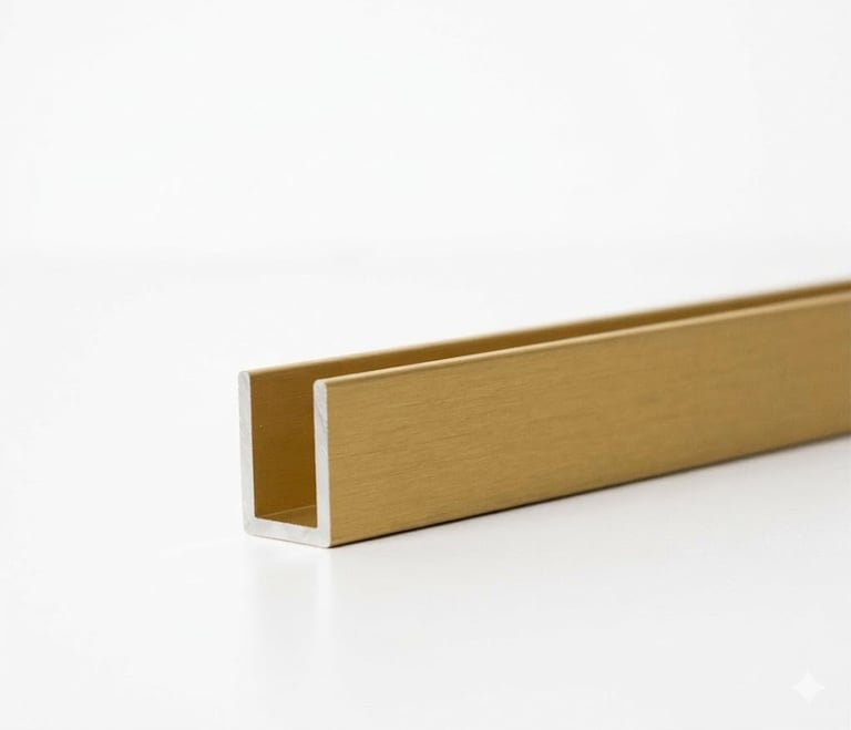 Gold aluminum U-channel profile on white background, showing hollow rectangular beam construction