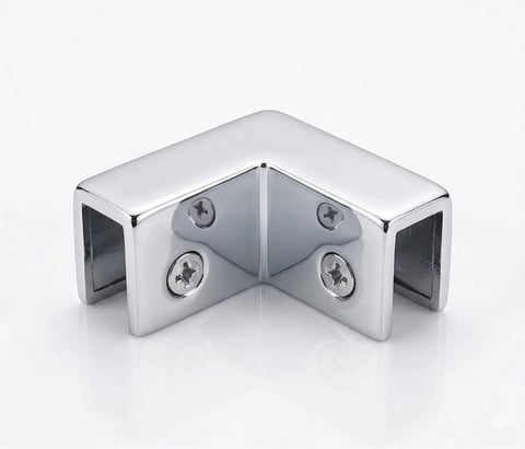 Chrome angled glass clamp connector with mounting holes, used for frameless glass panel applications